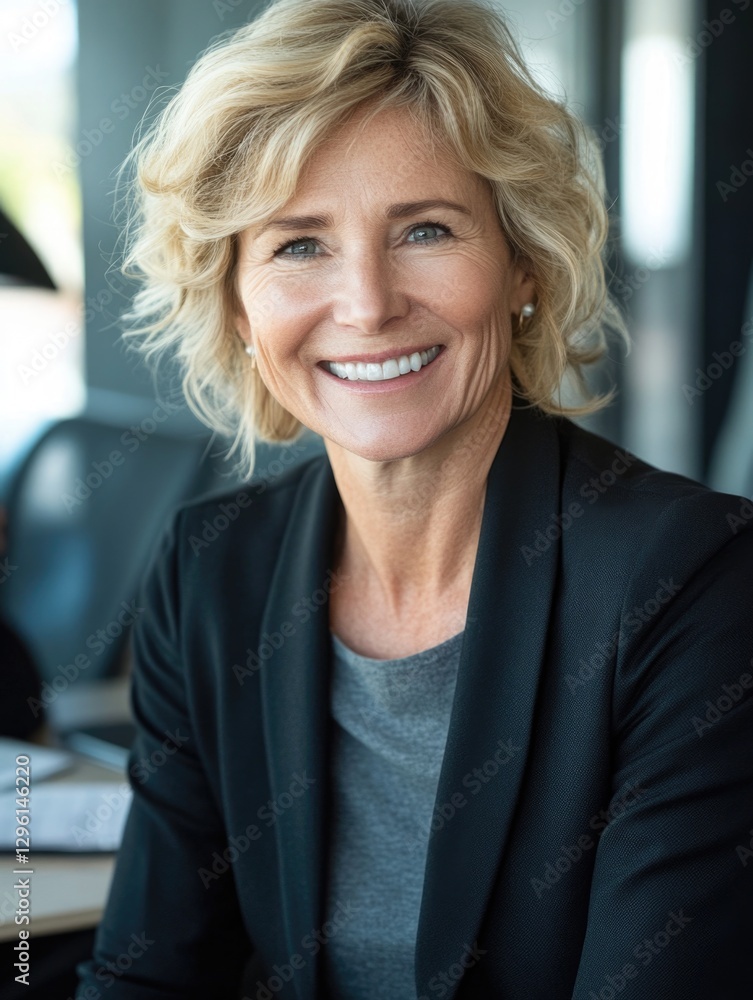 Smiling business lady in office setting. Smiling business lady in office setting.