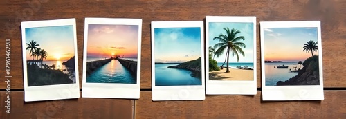 A collection of atmospheric vintage polaroids depicting travel footage on a wooden surface