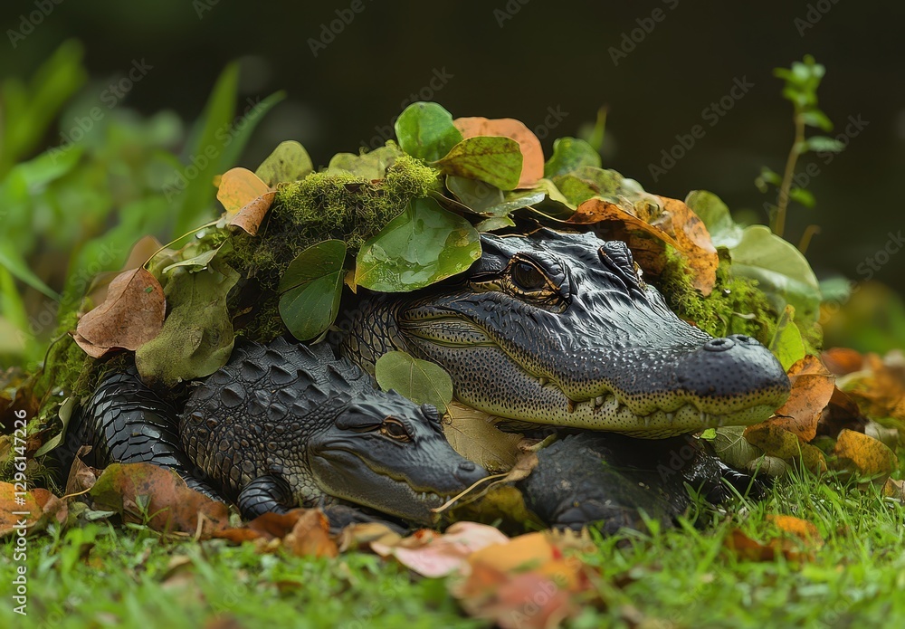 Fototapeta premium Mother alligator and baby resting together in lush green environment adorned with leaves, showcasing natural beauty and wildlife interaction in serene habitat