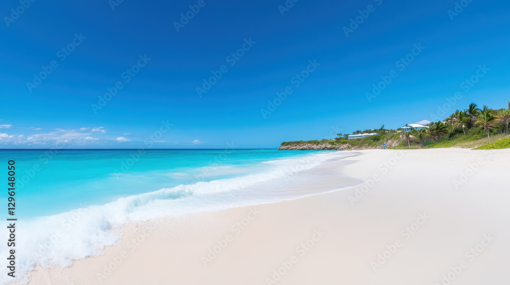 Serene tropical beach with clear blue waters and white sand under a sunny sky Serene tropical beach with clear blue waters and white sand under a sunny sky
