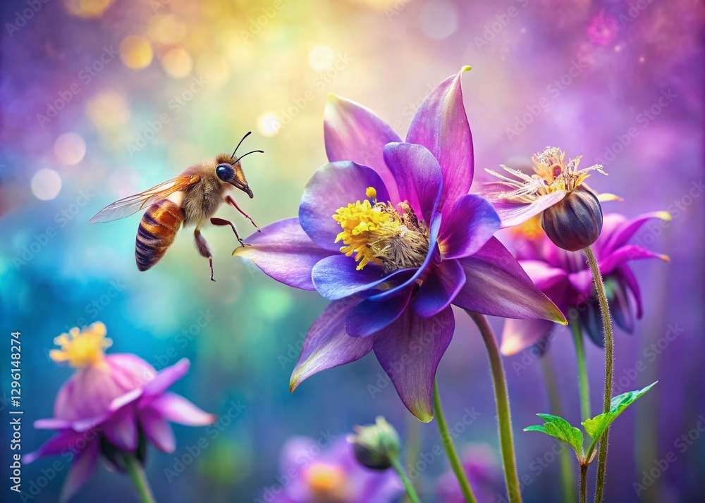 Bee on Purple Aquilegia vulgaris Flower, Odessa, Ukraine - Double Exposure Stock Photo Bee on Purple Aquilegia vulgaris Flower, Odessa, Ukraine - Double Exposure Stock Photo