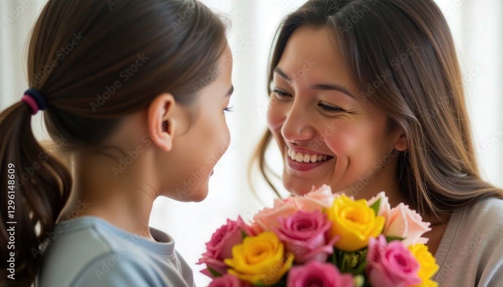 Smiling mother receiving a colorful bouquet of roses from her daughter indoors during a bright afternoon Smiling mother receiving a colorful bouquet of roses from her daughter indoors during a bright afternoon