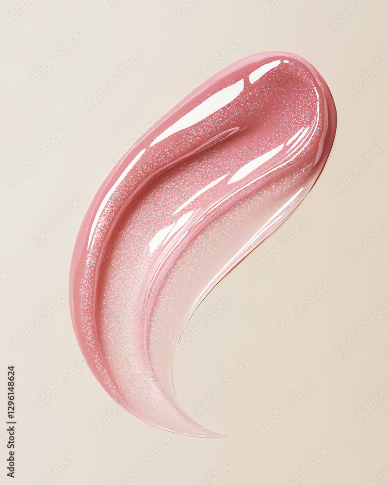 Fototapeta premium A glossy, shimmering pink gel swirl gracefully laid against a soft beige backdrop, showcasing its delicate semi-transparency and luxurious texture, ideal for skincare and beauty promotions