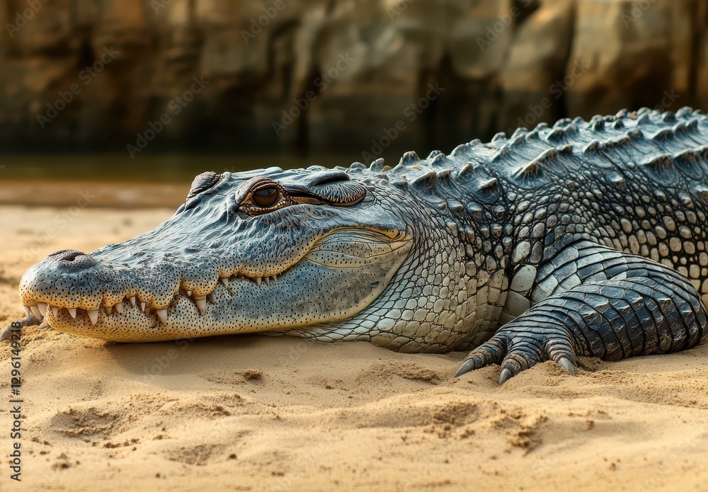 Fototapeta premium Peaceful crocodile resting on sandy riverbank under soft sunlight with serene background, showcasing intricate textures and colors of reptile skin