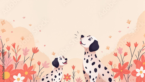 Dalmatian dogs barking joyfully in a floral garden, National Pet Day