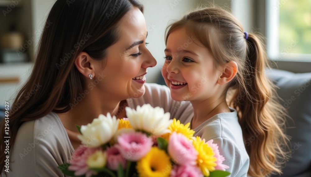 Smiling woman and child share a joyful moment while holding a bouquet of colorful flowers in a bright living room Smiling woman and child share a joyful moment while holding a bouquet of colorful flowers in a bright living room