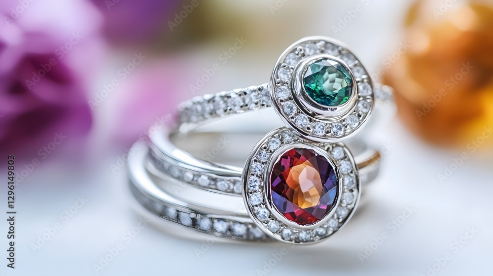 A set of three silver rings with different gemstones, stacked together on a white surface A set of three silver rings with different gemstones, stacked together on a white surface