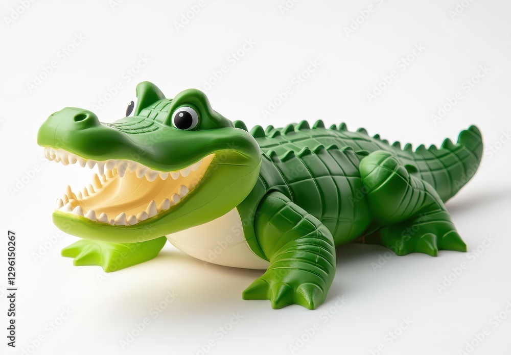 Fototapeta premium Playful Green Alligator Toy with Open Mouth and Shiny Eyes, Perfect for Outdoor Fun and Children's Playtime Activities