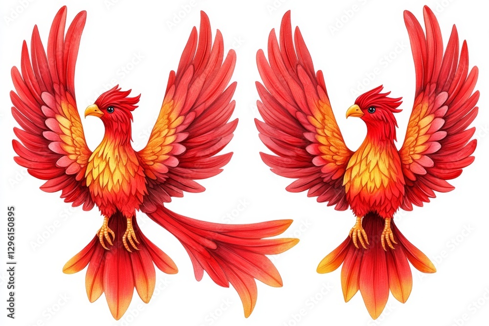 Obraz premium Four phoenix, fire phoenix, in four different poses, tattoo design concept, on a white background, watercolor, simple