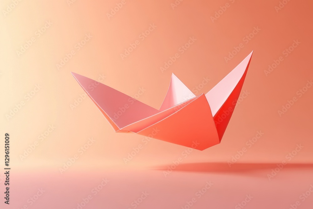 Paper boat floating in front of a pink and orange background Paper boat floating in front of a pink and orange background