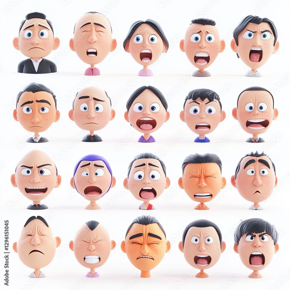 Big collection of various people's facial emotion expression, happy, sad, shocked, scared, angry, laughing, crying, etc 3D. 3D illustration, cartoon Big collection of various people's facial emotion expression, happy, sad, shocked, scared, angry, laughing, crying, etc 3D. 3D illustration, cartoon