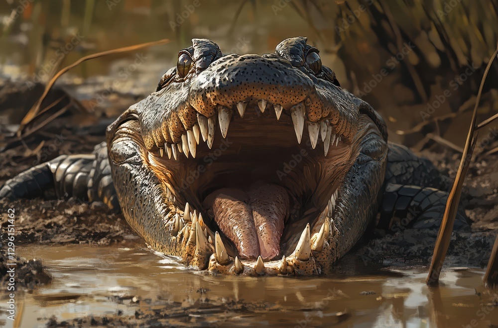 Obraz premium Powerful Predator in the Wild: Close-Up of a Large Crocodile with Wide Open Mouth Captured in Natural Habitat on a Sunny Day