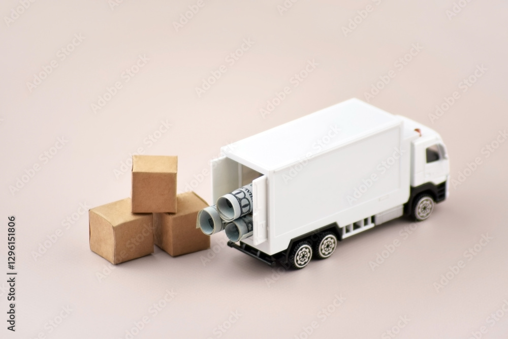 White toy truck with boxes on a light background, space for text. White toy truck with boxes on a light background, space for text.