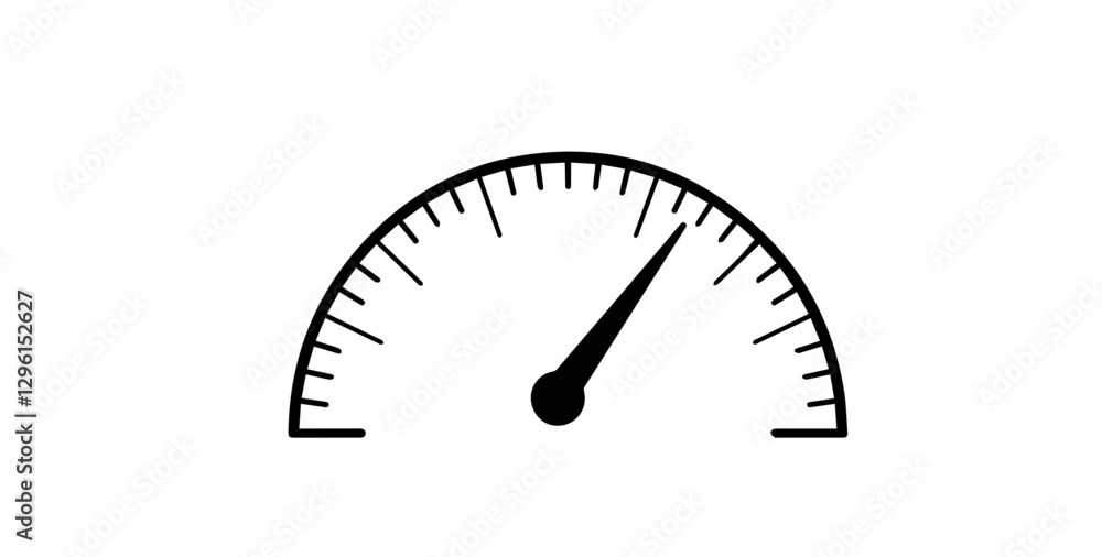 Minimalist black speedometer icon with a needle indicating high speed, perfect for automotive, racing, performance, dashboard, and technology-related concepts Minimalist black speedometer icon with a needle indicating high speed, perfect for automotive, racing, performance, dashboard, and technology-related concepts