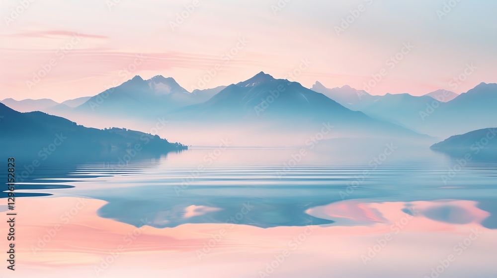 A serene scene of a calm lake reflecting a misty mountain range. A serene scene of a calm lake reflecting a misty mountain range.