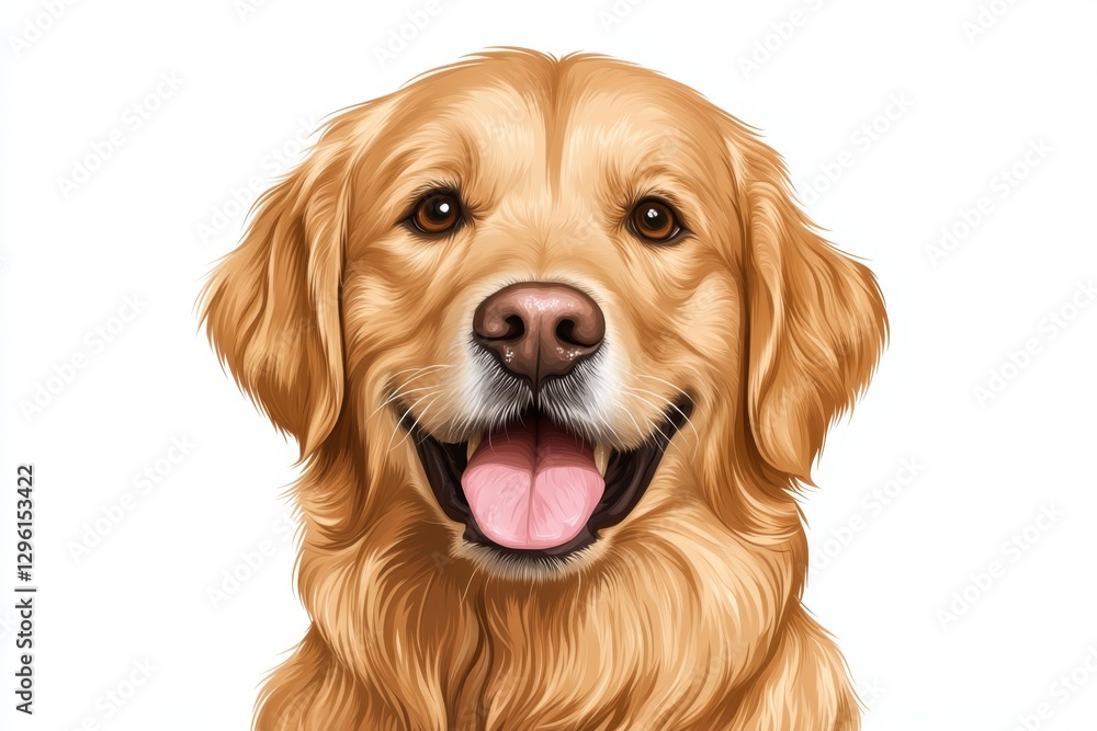 A realistic, happy Golden Retriever with its tongue out, isolated on a white background. Photo-realistic illustration style, blank template for easy text shading on the bottom of its head A realistic, happy Golden Retriever with its tongue out, isolated on a white background. Photo-realistic illustration style, blank template for easy text shading on the bottom of its head