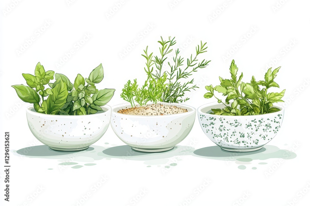Fresh Culinary Herbs in Decorative Bowls with Natural Textures Fresh Culinary Herbs in Decorative Bowls with Natural Textures