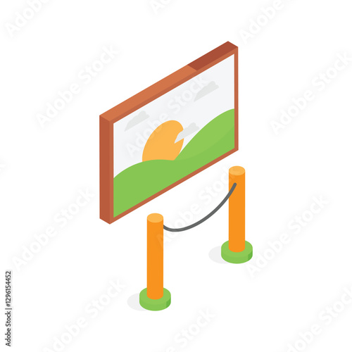 An isometric icon of a framed landscape painting displayed in a museum or gallery.