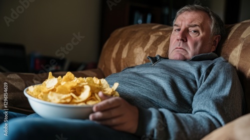 A middle-aged man, his form softened by the passage of time, sank into a plush sofa, a bowl of greasy chips in his hand, the remnants of a junk-food feast a testament to an unhealthy lifestyle. A