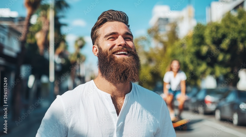 A stylish bearded hipster, his eyes twinkling with contentment, strolled down a vibrant city street in his pristine white shirt. In the background, a model with bright, happy expressions rode a A stylish bearded hipster, his eyes twinkling with contentment, strolled down a vibrant city street in his pristine white shirt. In the background, a model with bright, happy expressions rode a