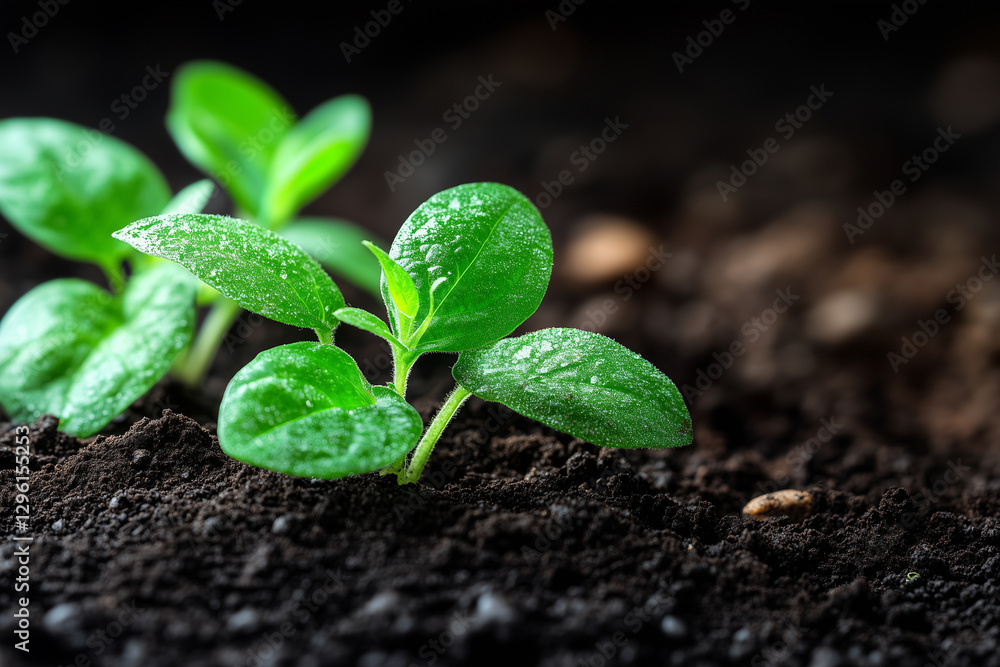 Naklejka premium Fresh green seedlings emerging from dark soil, symbolizing growth and renewal. vibrant leaves glisten with moisture, showcasing beauty of nature cycle