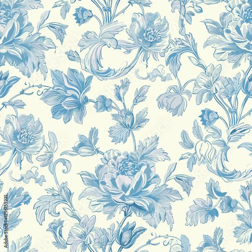 Toile de jouy Floral Blue Toile Chinoiseries Peonies Flowers Print Design Seamless Pattern 34