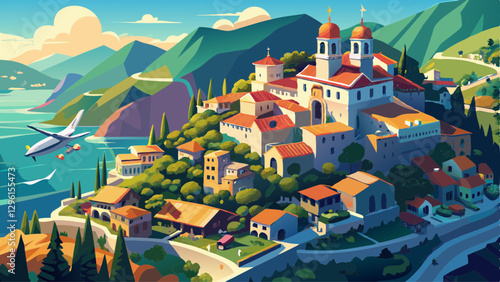 Aerial drone flight in ravello village on top of hill in the positano region of Italy showing a small hilltop village and mountains 4k