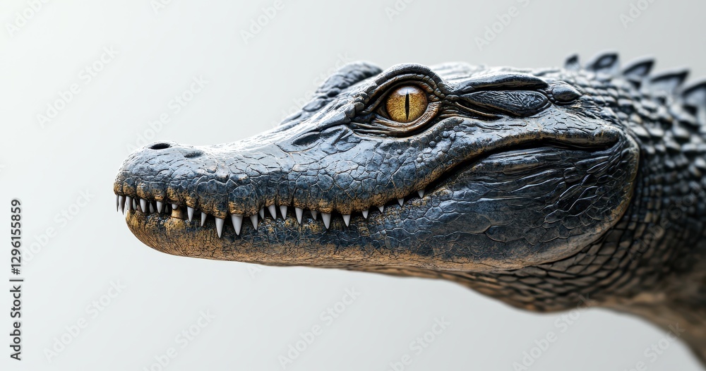 Obraz premium Realistic and Detailed Close-Up of a Crocodile Head with Prominent Teeth and Piercing Eye on Neutral Background