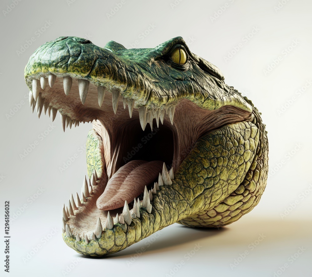 Fototapeta premium Realistic and Detailed Crocodile Head Sculpture Featuring Open Mouth and Impressive Textures in a Light Studio Background