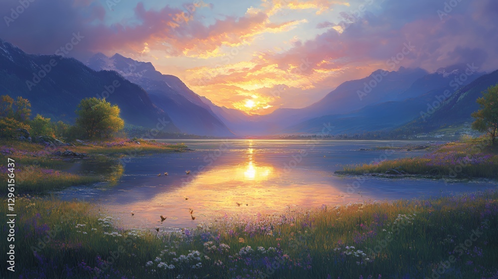 Serene landscape at sunset with mountains, a lake, and vibrant wildflowers. Serene landscape at sunset with mountains, a lake, and vibrant wildflowers.