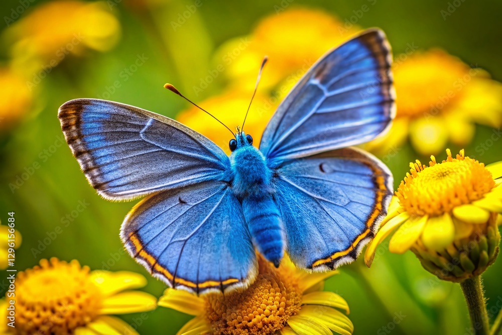 Fototapeta premium Blue Butterfly on Yellow Flower - Vibrant Spring Macro Photography
