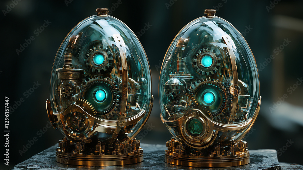 Transparent steampunk Easter eggs with complex brass gears and glowing cyan lights, designed in a vintage mechanical style, radiating a magical energy Transparent steampunk Easter eggs with complex brass gears and glowing cyan lights, designed in a vintage mechanical style, radiating a magical energy