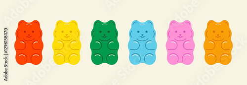 Gummy bear set. Sweet teddy bears kids jelly candy, cute colorful sugar chewing dessert, delicious fruit flavors gelatin snacks bear toy shape. Vector cartoon collection