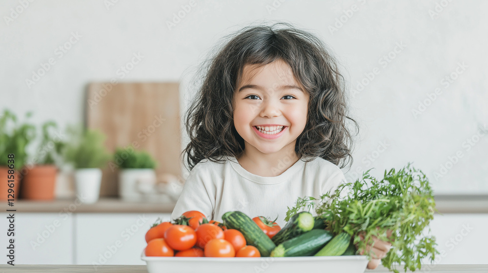 A child with curly hair, joyfully holding fresh vegetables in a kitchen setting, promoting healthy eating. A child with curly hair, joyfully holding fresh vegetables in a kitchen setting, promoting healthy eating.