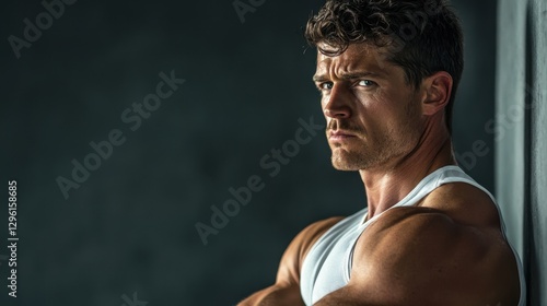 A muscular man in athletic attire, his brow furrowed in concentration, engaged in a vigorous exercise session against a stark grey wall, his body a testament to dedication and strength.