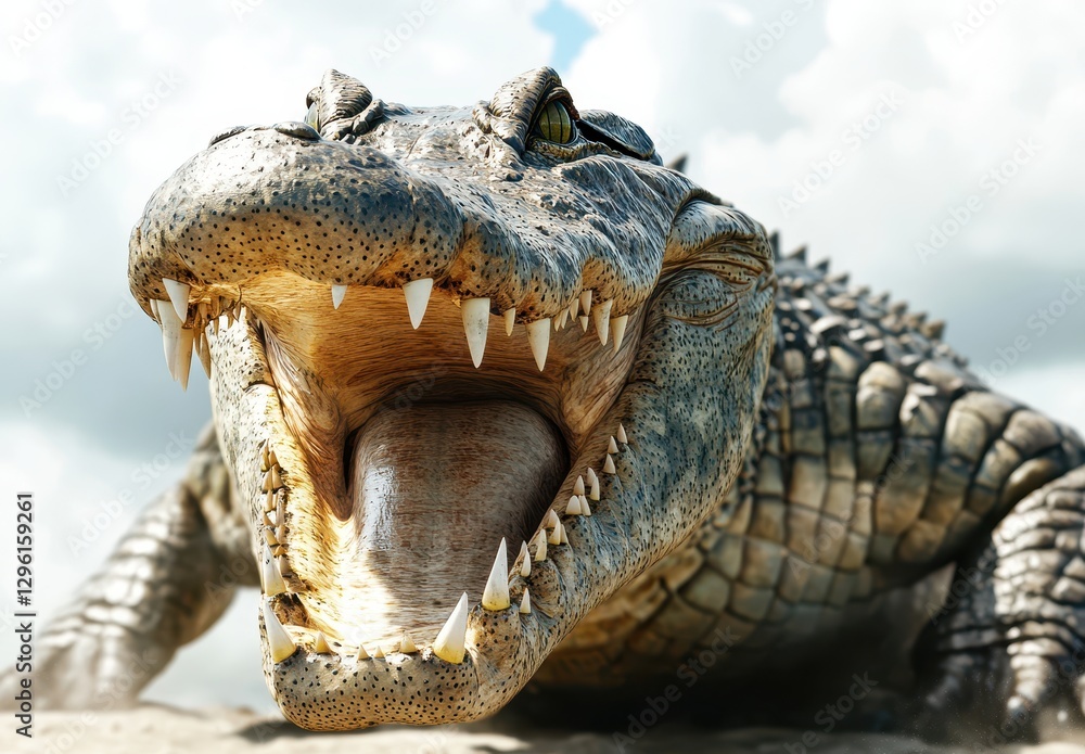 Fototapeta premium Realistic Close-up of a Powerful Alligator with Open Mouth Displaying Sharp Teeth Against a Dramatic Sky Background