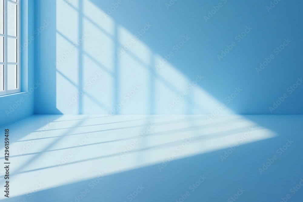 Fototapeta premium Sunlight streams through a window into a minimalist blue room.