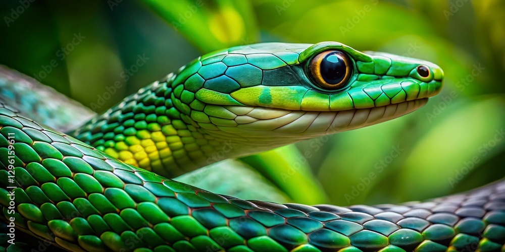 Bokeh Portrait of a Vibrant Green Parrot Snake (Leptophis ahaetulla) in Lush Foliage Bokeh Portrait of a Vibrant Green Parrot Snake (Leptophis ahaetulla) in Lush Foliage