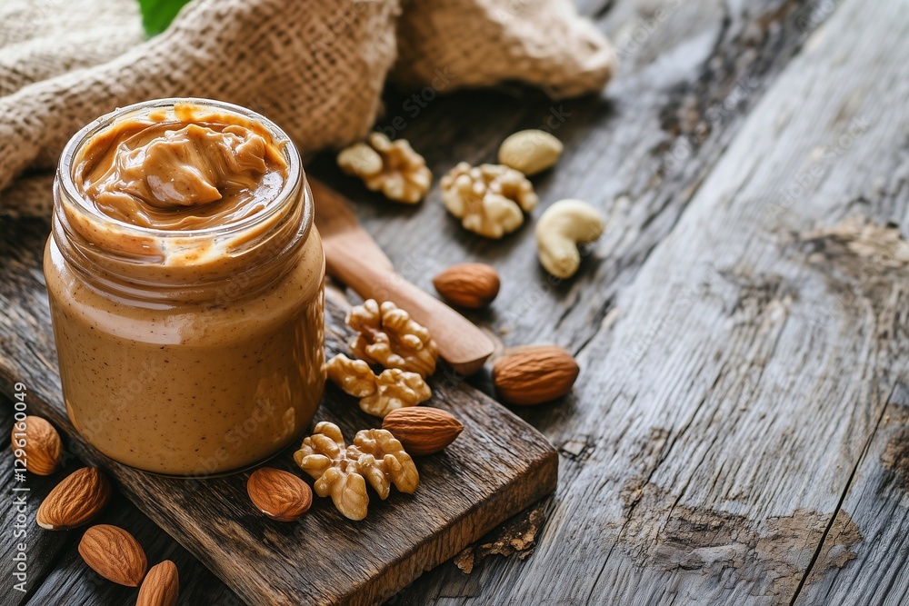 nuts butter in jar with fresh nuts, generated AI nuts butter in jar with fresh nuts, generated AI