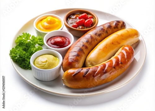 Food Bratwurst Condiment in Plate on a White Background