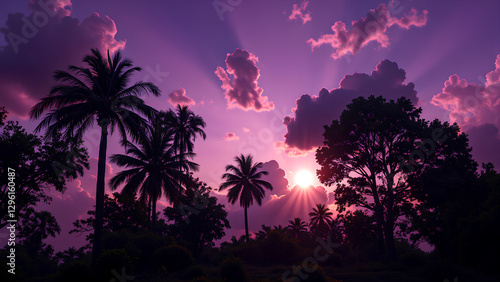 Tropical sunset silhouettes palm trees and jungle foliage against an orange evening sky