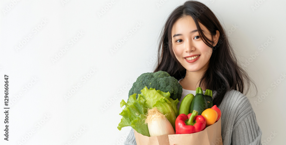 A cheerful young woman holding a brown paper bag filled with fresh vegetables, including lettuce, apples, peppers, and carrots, promoting healthy eating. A cheerful young woman holding a brown paper bag filled with fresh vegetables, including lettuce, apples, peppers, and carrots, promoting healthy eating.