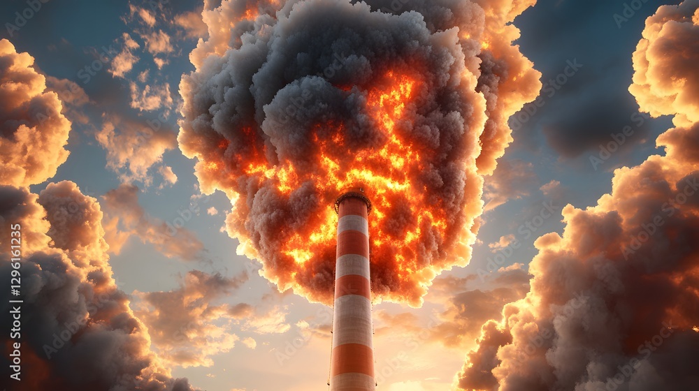 Fototapeta premium an industrial chimney emitting thick smoke with fiery flames against a cloudy sky, symbolizing environmental pollution and climate change