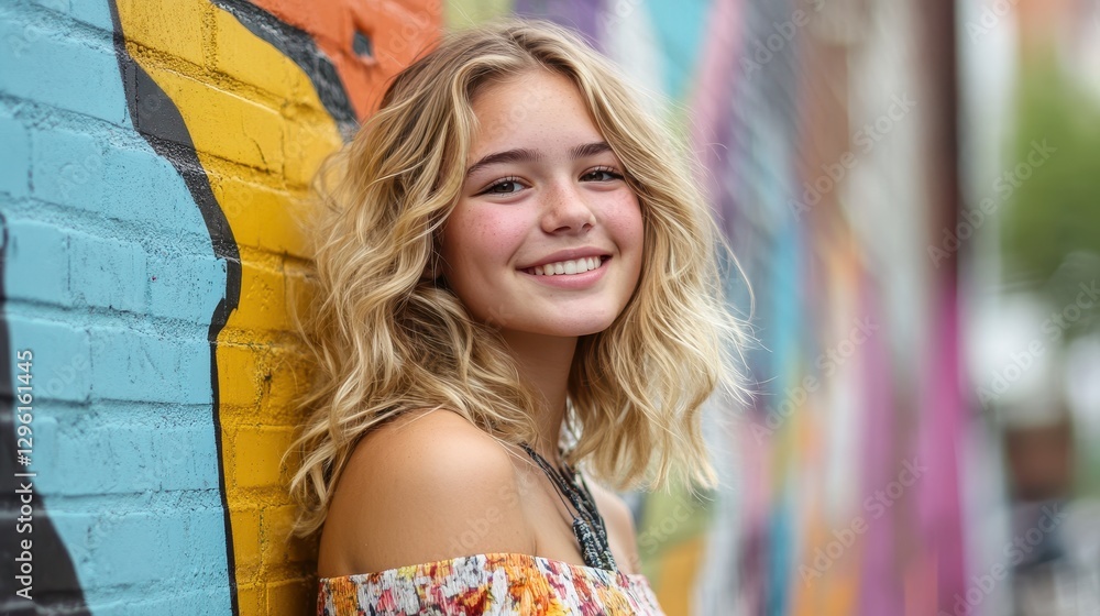 Naklejka premium A radiant teenager, adorned in a summery hipster ensemble, exudes an infectious smile as she poses confidently against the vibrant backdrop of an urban street scene, her blonde hair cascading down