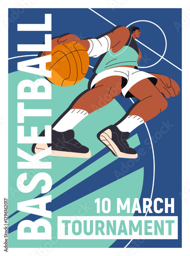 Design of basketball competition event poster. Template of basket ball game, match promotion. Advertising of sports tournament, championship. Sportsman in uniform plays. Flat vector illustration
