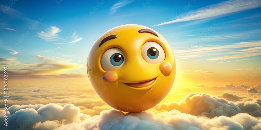 Naklejka premium Bright Yellow Cartoon Thinking Emoji Aerial View: Deep Thought & Curiosity