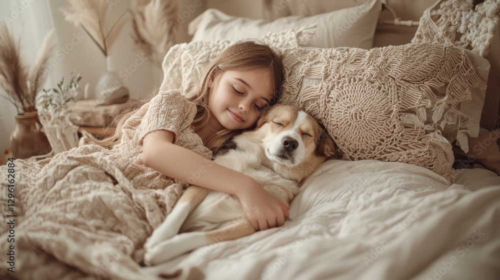 A young girl is sleeping with a dog on her bed A young girl is sleeping with a dog on her bed