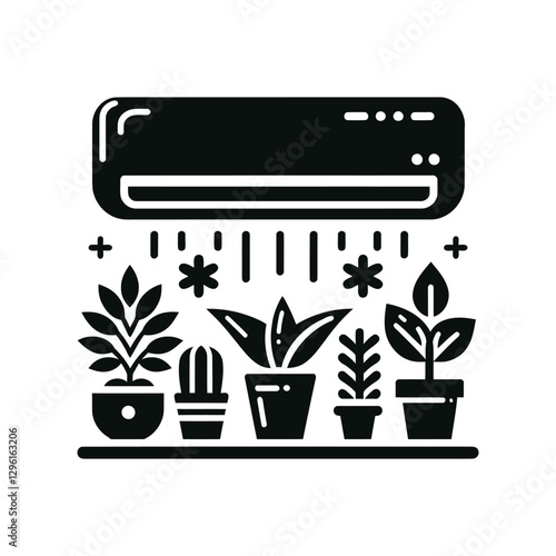 Silhouette Air Conditioner Icon with Cool Airflow. Minimalist AC Unit Vector Symbol. Cooling System HVAC Silhouette Icon. Home Appliance Cooling System Vector Icon