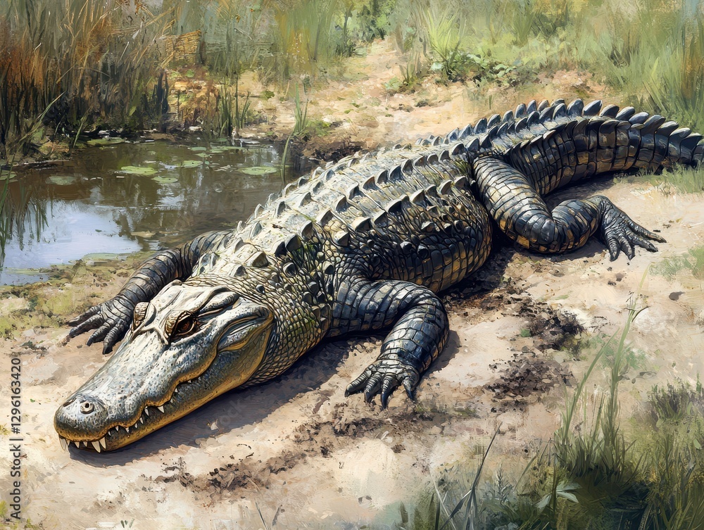 Realistic depiction of a crocodile basking in the sun near a serene water body surrounded by lush greenery and vibrant natural habitat environment Realistic depiction of a crocodile basking in the sun near a serene water body surrounded by lush greenery and vibrant natural habitat environment