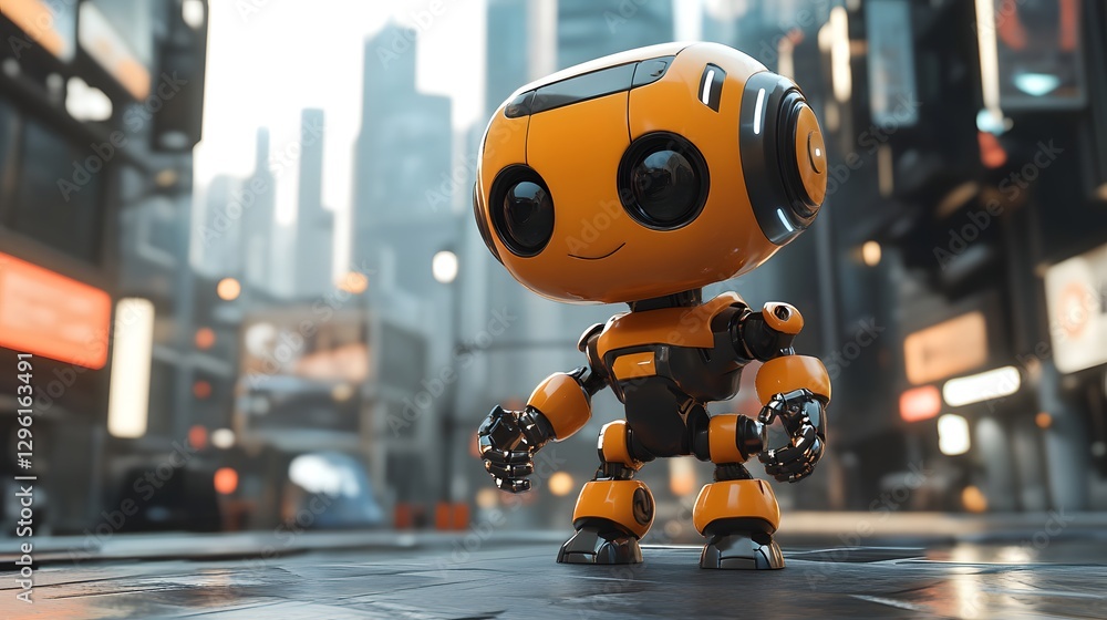 custom made wallpaper toronto digitala cute robot character confidently standing on a city street with a bright orange body 